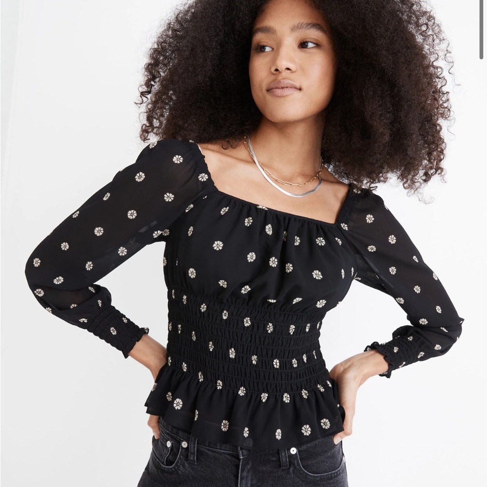 Madewell Georgette Square-Neck Smock-Waist Top in Bloom Dot